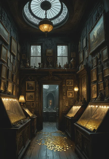 (((Stepping inside, you find yourself enveloped in darkness. For a moment, you stand there, your eyes straining to adjust to the sudden change. Then, as if by magic, the shadows begin to recede, revealing a dimly lit room filled with an eclectic assortment of trinkets and curiosities. Intricate carvings line the walls, their surfaces glistening with the residue of countless fingers tracing their lines. A low hum fills the air, punctuated by the occasional clatter of falling coins or the soft murmurs of whispered conversations.))), ((Beautiful, brush strokes, digital art, extremely detailed digital illustration, cinematic, vast, epic, incredible perspective, breathtaking, awe-inspiring, intricate design, meticulous detail, concept art))
