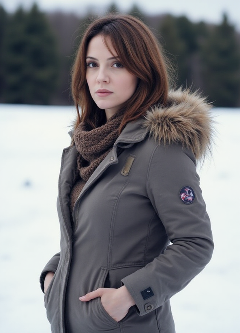 SFW, The image is a portrait of a woman standing in a snowy landscape. She is wearing a gray puffer jacket with a fur hood and a brown scarf around her neck. Her e hair is styled in loose waves and she is looking off to the side with a serious expression on her face. The background is blurred, but it appears to be a snowy field with trees in the distance. The overall mood of the image is cold and wintery., aidmaimageupgrader<lora:flux\custom\celebrity\frida-betrani.safetensors:1.0:1.0> <lora:turbo-8-step-flux.safetensors:0.5:0.5> <lora:flux\style\Common\aidmaImageUprader-FLUX-v0.3.safetensors:0.25:0.25>