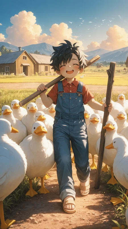 1boy, portrait,<lora:KonYa666:1> kony4666, <lora:add-detail-xl:1>,
masterpiece,best quality,
black hair, short hair, spiked hair, ^_^, blush cheeks, wide happy smile, upper teeth only, collared shirt, red shirt, short sleeves, denim overalls, sandals, holding a wooden stick over shoulder, leading a flock of ducks,
dirt path, sunny day, clear blue sky, fluffy white clouds, green trees, hills in the background, peaceful rural countryside, farm setting, traditional wooden houses in the distance,
warm summer atmosphere, vibrant, lively scene, highly detailed, warm colors, cheerful color palette, cinematic composition