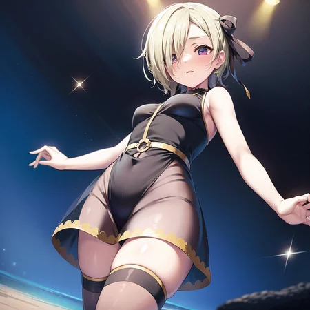 best quality, ultra high res, 1girl, solo focus, ((mini see through dress)), elbow dress, black thighhighs, frills, ribbons, studio background,floating hair, looking at viewer, facing front,