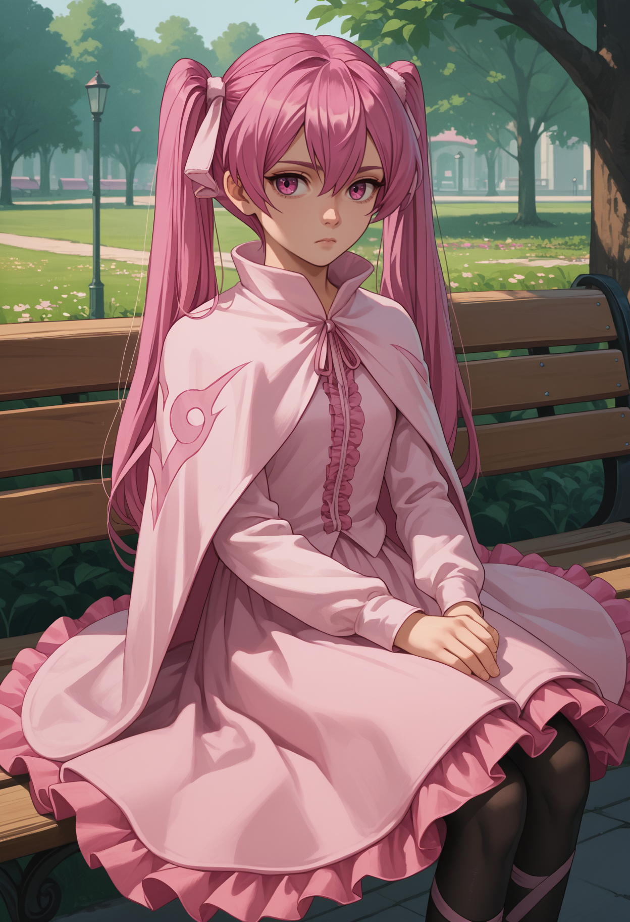 score_9, score_8_up, score_7_up, source_anime, solo, 1girl, agkmine, expressionless, looking at you, sitting, park bench, twintails, hair ribbon, pink capelet, pink shirt, long sleeves, pink skirt, frilled skirt, black pantyhose, outdoors
<segment:yolo-face_yolov8m.pt,0.4,0.5//cid=1>