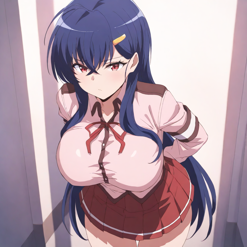 masterpiece,high score,great score,absurdres,<lora:Reiko AnimagineXL v1:1> reiko, blue hair, long hair, hairclip, red eyes, large breasts,school_uniform,cowboy_shot,