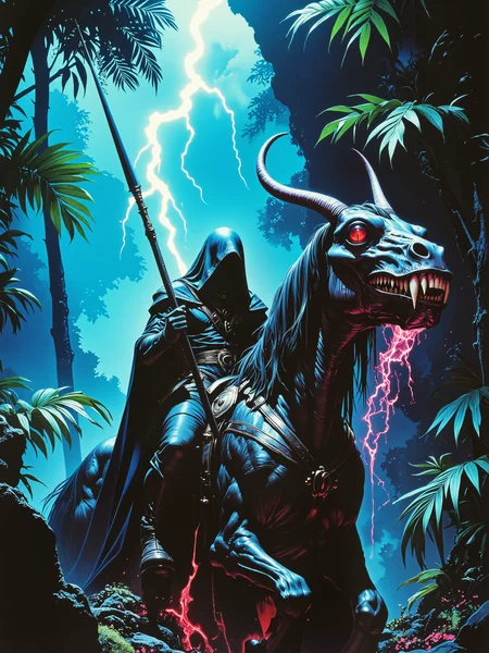 famous artwork, hyper-realistic, photo-realistic, award-winning 80s cinematic fantasy movie still in an otherworldly jungle, highly aesthetic, high resolution, uhd, 8k, 4k, dramatic, epic, meticulous, accurate, at night, low angle of view, in the heart of the jungle, where shadows dance and bleed, a beautiful chaotic melody, where depravity finds its seed, neon lights paint a picture, of a world immersed in sin, a collision of emotion and violence, where numbness dwells within, liquid mercury, whispering void, hooded figure riding an undead mount, color contrast, the color palette is predominantly night blue and lime green and taupe and midnight purple and wine red, lovecraftian, cthulhu mythos, ovg, arsmoviestill, dndgr41nyb0yz style, <lora:extremely_detailed-detail_slider-v2-flux-by_ntc:0.92> <lora:style-80s_fantasy_movie-v3-flux-by_arsmachina:0.92> <lora:style-dnd_grainyboyz-romulus-flux-by_kimwithdapuss:0.48>