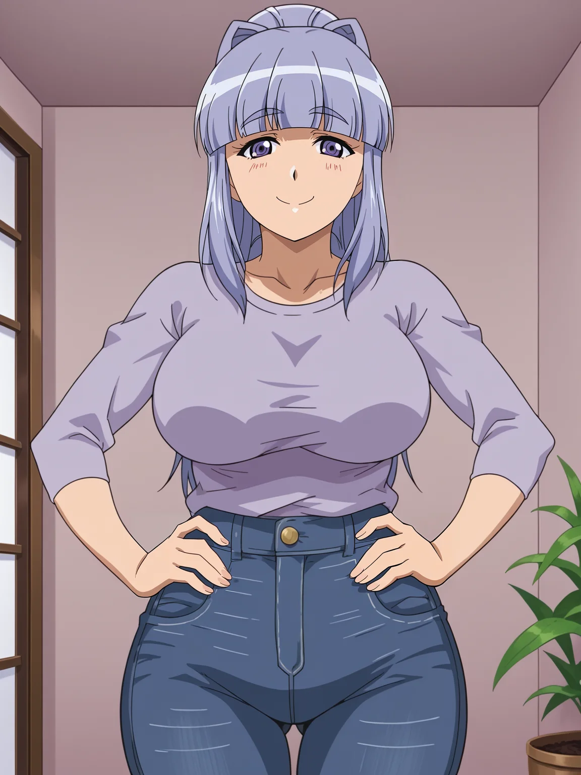 <lora:Yayoi_Mizuno-Gogo_no_Kouchou_Junai_Mellow_yori:0.9>,Yayoi,mature female,1girl,solo,long hair,purple eyes,ponytail,bangs,breasts,shirt,pants,denim,cowboy shot,hands on own hips,indoors,smile