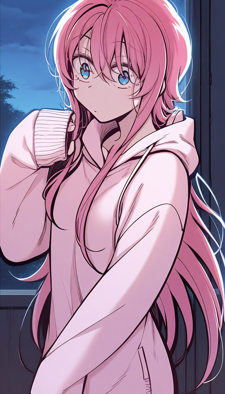 <lora:yushanshan:1>,yushanshan,1girl,long hair,pink hair,hair between eyes,blue eyes,pink hoodie, sleeves past wrists, long sleeves,, masterpiece,best quality,amazing quality,anime screenshot,