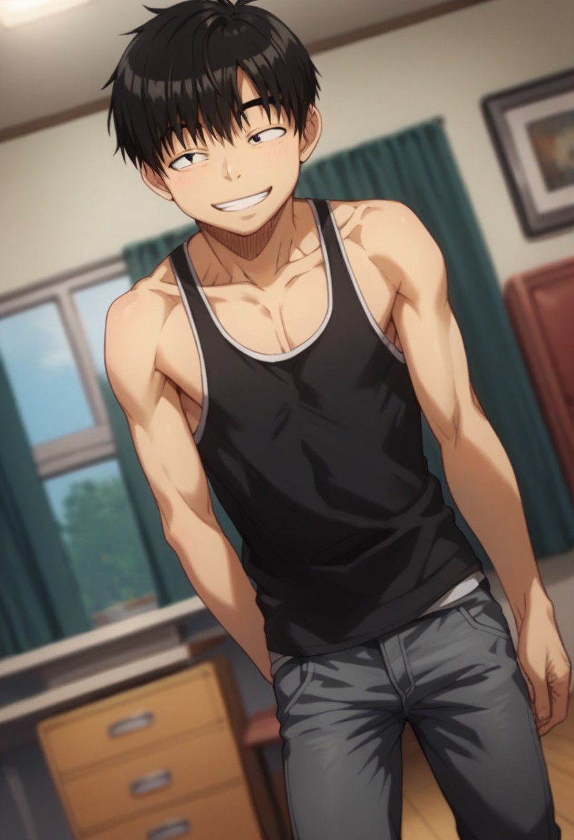 score_9,score_8_up,score_7_up,score_6_up,blurry, blurry background,1boy,solo,kaoru sugimura,black eyes,black hair,tank top,smile,pants,shoes,posing,volumetric light,indoors,living room,cowboy shot, dutch angle