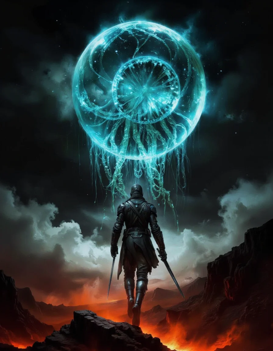 A digitally created, high-resolution image depicting a lone, armored figure walking towards a glowing, ethereal orb in the sky. The figure is silhouetted against a dramatic, otherworldly backdrop that transitions from a dark, stormy sky at the top to a bright, almost surreal landscape at the bottom. The figure, viewed from behind, is dressed in futuristic, dark metallic armor with intricate details and glowing blue lights, giving it a high-tech, sci-fi appearance. The armor appears heavy and robust, with straps and panels that suggest advanced protection. The figure is holding a long, sleek sword in one hand, and a smaller blade in the other, indicating a warrior or soldier. The ground beneath the figure is a glowing, molten surface with vibrant colors of red and orange, suggesting a volcanic or alien terrain. Above the figure, a large, glowing, translucent orb emits a soft, ethereal light in shades of blue and teal, with intricate, swirling patterns that resemble a jellyfish or some other aquatic creature. The sky is filled with dark, stormy clouds, adding to the dramatic and otherworldly atmosphere of the scene. <lora:landscape:1>