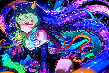 score_9, score_8_up, score_7_up, 1girl, cinematic angle, monster girl, tentacle hair, glowing eyes, eyelashes, tentacles, shining stars, starry sky, Depth of field, 4k wallpaper, cinematic shadows, chiaroscuro, cthulhu theme,  [(black background:1.2)::0.2], (starry sky background:1.2), masterpiece, best quality, amazing quality, very aesthetic, absurdres, highres, newest, intricate details, <lora:ponyv4_noob1_2_adamW:1.0> <lora:enhancerV4-pony:1> <lora:illustrious_noobai_epsilon_pred_1_best_quality_v1:1> <lora:illustrious_noobai_epsilon_pred_1_masterpieces_v1:1>
