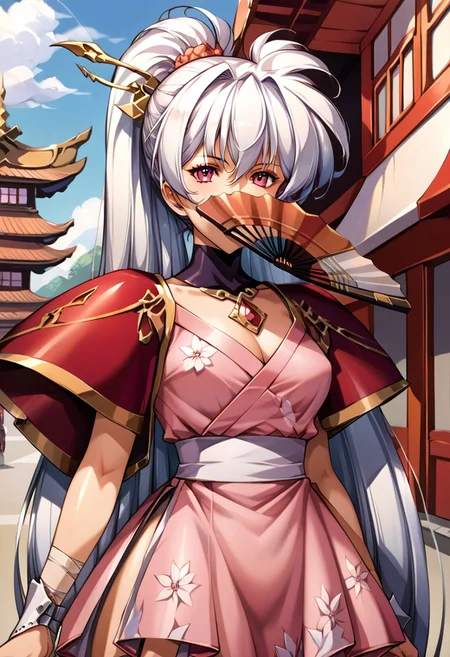 (score_9,score_8_up,score_7_up,source_anime,(masterpiece:1.2),best quality,very aesthetic,public indecency,absurdres),masterpiece,best quality,very aesthetic,fantasy,absurdres,1girl,solo, ,Luna,white hair, ponytail, , very long hair lora:Fixhands_anime_bdsqlsz_V1:1> junihitoe kimono, 1girl, solo, hand fan, egasumi, looking at viewer, folding fan, holding, holding fan, pink kimono, floral print, sleeves past wrists, covering mouth, hime cut, masterpiece,best quality, very aesthetic, absurdres, ultra detailed, high resolution, 4k, extremely detailed CG,