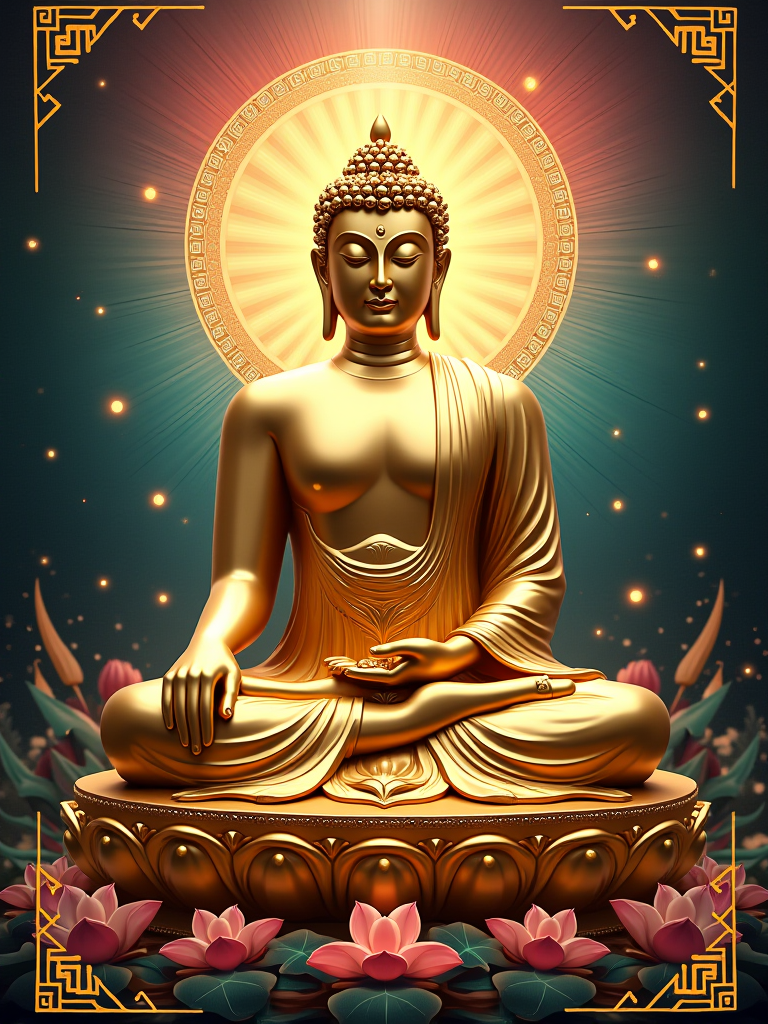 Revised Poster Design Concept: Golden Buddha Statue
Overall Style:

Luxurious and Serene with Vibrant Elements: The poster will showcase a Buddha statue made entirely of gold, emphasizing its metallic texture, but will now incorporate a colorful and intricate background to enhance visual appeal.
Buddha Statue Design:

Pose: The Buddha will remain in a classic seated pose, with a peaceful expression and gentle eyes, reflecting inner tranquility and wisdom.
Material Effect: The statue will have a smooth metallic finish, reflecting light to create a sense of opulence and divinity.
Background Design:

Colorful Aura: The background will feature a radiant, multi-colored aura surrounding the Buddha, reminiscent of traditional Buddhist art, incorporating shades of blue, pink, green, and yellow to symbolize enlightenment and positivity.
Complex Patterns: Integrate intricate mandala designs or swirling patterns in the background, adding depth and complexity to the overall visual.
Radiant Light:

Halo and Rays: Surrounding the Buddha, add a vibrant halo and dynamic rays of light in various colors, symbolizing wisdom and spirituality, enhancing the visual impact of the statue.
Additional Elements:
Lotus Patterns: Incorporate detailed lotus motifs at the base of the statue or within the background, symbolizing purity and awakening, with a gradient of colors to match the overall theme.
Delicate Decorations: Add subtle geometric patterns or ornate golden embellishments in the background to enhance the overall artistic feel and richness of the design.
Overall Effect:
This revised poster will blend wealth and spirituality through the luxurious golden Buddha statue while incorporating vibrant colors and intricate designs to create a more dynamic and captivating visual.      The colorful background and light effects will evoke a sacred atmosphere, while the text at the bottom reinforces the theme of prosperity.      The overall design will not only attract viewers' attention but also inspire contemplation and a sense of awe.