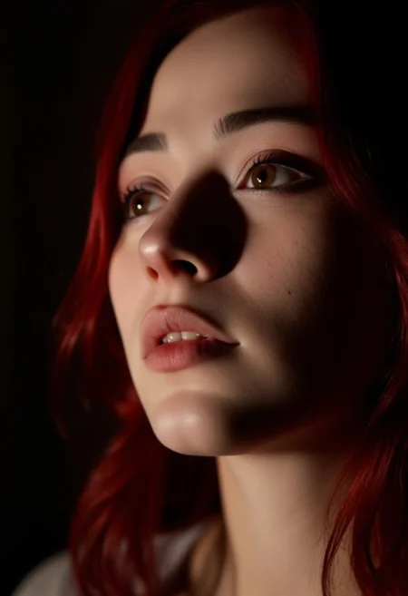 A close-up of a girl with red hair. Her lips are parted, and the sunlight creates contrast with the dark theme, adding depth to her realistic features.