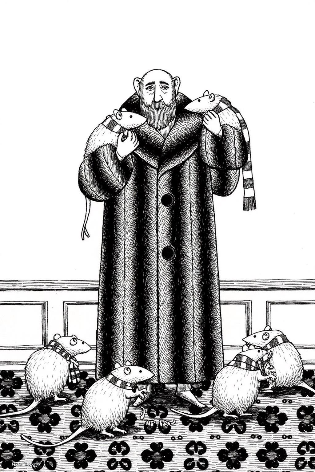 edwardgorey1 illustration.
A bearded elderly man wearing bifocal, in a long fur coat stands in the center, holding two large rats wearing striped scarves. Several large rats wearing scarves are standing on a patterned carpet. The background is a plain wall with a simple design. <lora:edwardgorey1_d8a4e9:1.0><lora:864747461514678692:0>