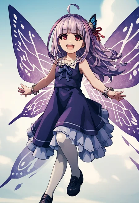 score_4,score_5,score_6,score_7_up,score_8_up,score_9
((masterpiece,best quality,ultra detailed,highres,HD,4k:1.2)),
1girl, solo,girl forcus,
Mytyl(V2),long hair,purple hair, multicolored hair,ahoge, blunt bangs, side locks,red eyes, bell hair ornament, hair ribbon, red hair ribbon,butterfly hair ornament,
wings,butterfly wings,sleeveless,dress,white thighhighs,shoes,bracelet,jewelry,
smile,happy,open mouth,