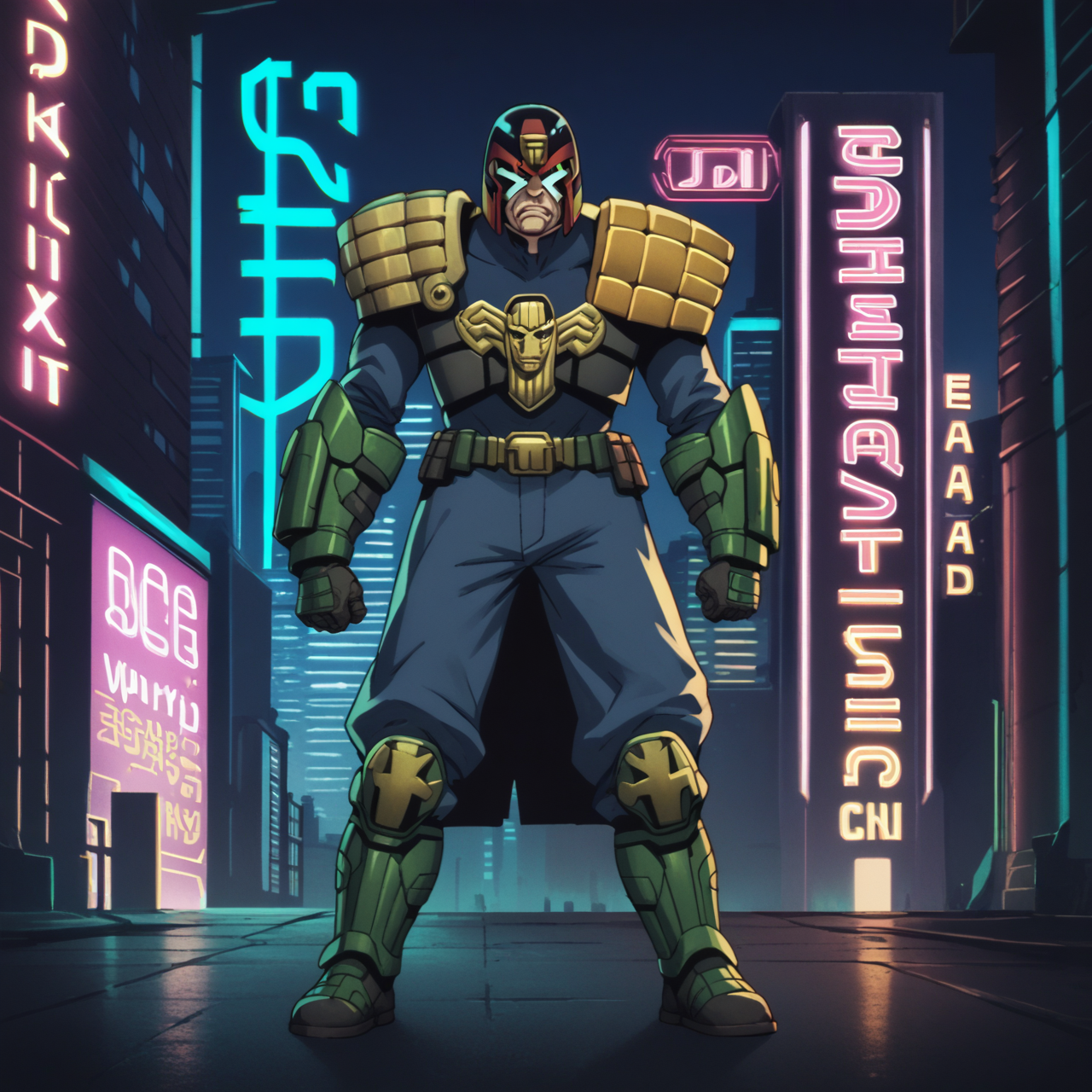 score_9,score_8_up,score_7_up,score_6_up,score_5_up,score_4_up,source_anime BREAK judge dredd,armor,helmet,scowling,black visor,full body shot,<lora:Judge_Dredd_Comic_Style_v2_Pony_SDXL:0.8>,cover art,cyberpunk city,dark city,neon lights,