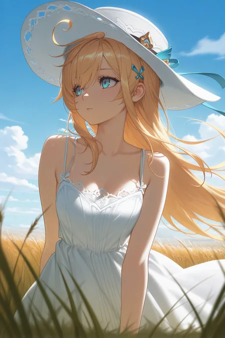 masterpiece, best quality, 1girl, solo, <lora:escoffier-illu-nvwls-v1-000007:1> gsesc, blonde hair, long hair, ahoge, blue eyes, white hat, hair ornament, white sundress, lace trim, spaghetti straps, tall grass, blue sky, field, looking to the side, hdr, clouds