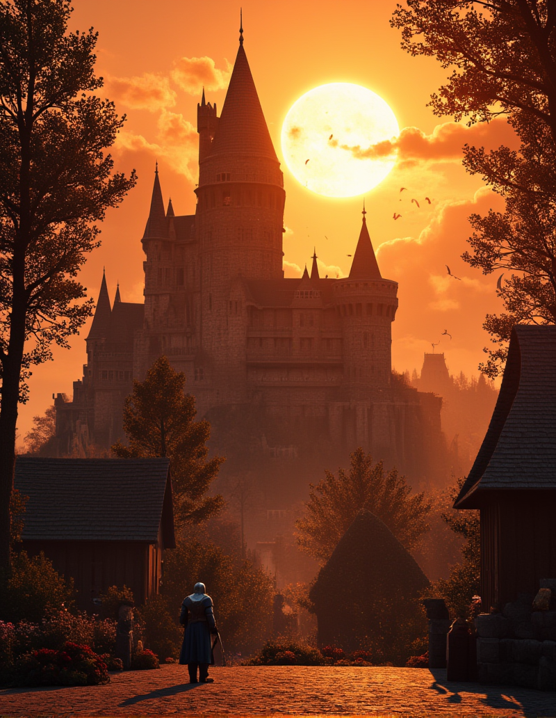 <lora:MW_Minis02flux:1> m1md, fantasy, sunset, medieval, noone, fire veins, village square, breaking in, forest, knight guard, huge dark magic castle