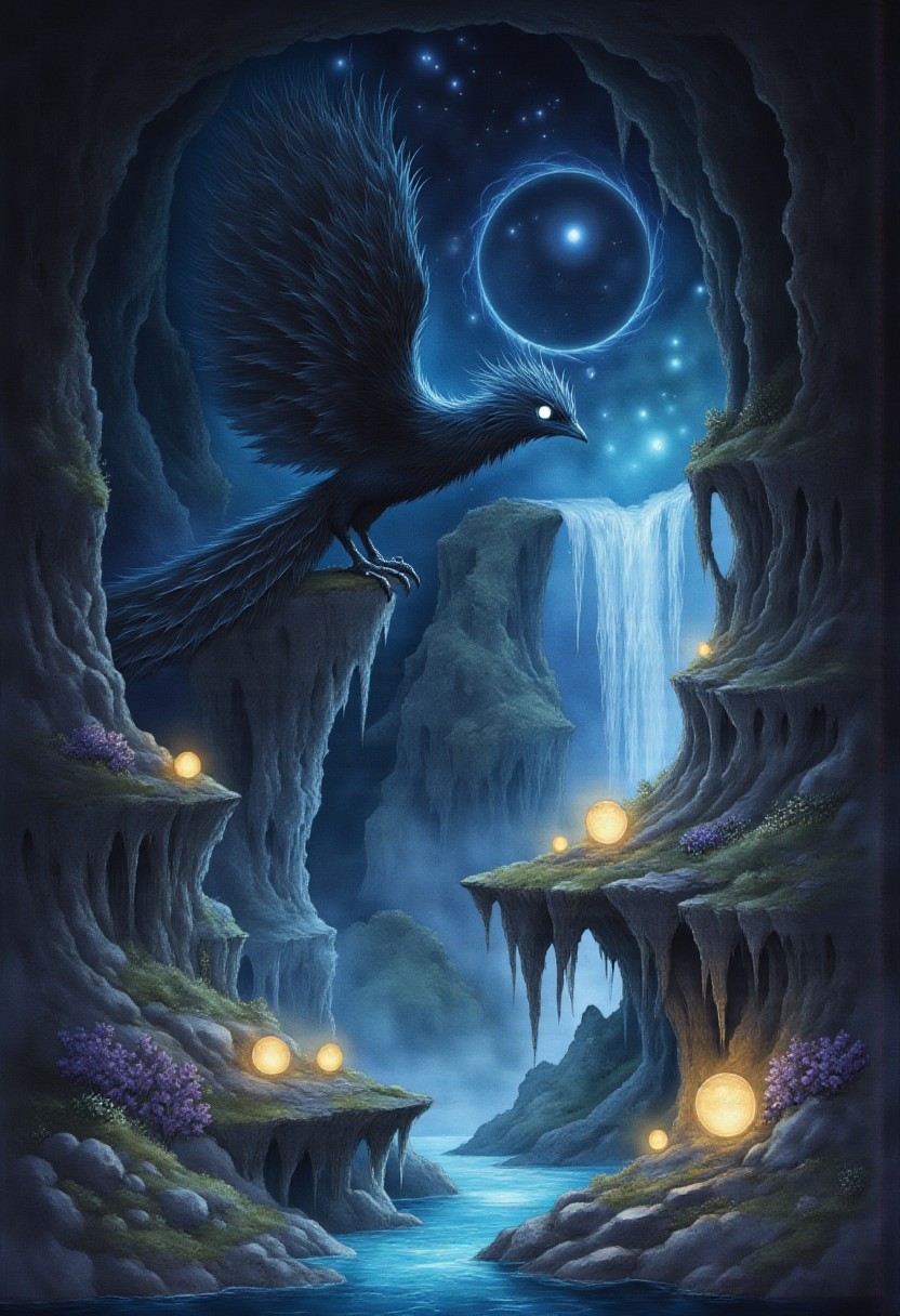 Studio Ghibli Dark Fairytale, smlstxtr, Black phoenix with fluorescent blue tones in the middle of the image, behind it a planet with a large ring and in the upper area shooting stars, a magical valley with dark tones illuminated by the light emitted by the phoenix, it has various plants which are luminescent, in the middle of the valley there is a river from which a little steam emanates. A sign that says Buzz = Happiness ♥