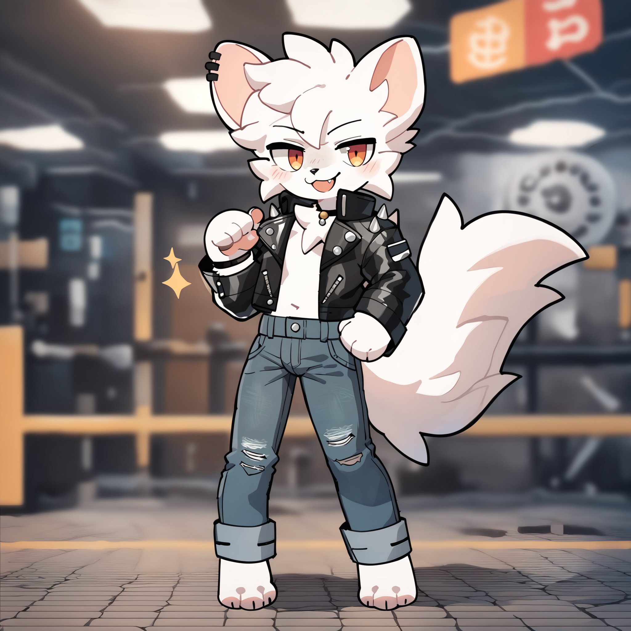 <lora:BoykisserSDXL-V2:0.95>, score_9,score_8_up,score_7_up,score_6_up,score_5_up,score_4_up, solo anthro furry, boykisserfur, male, white fur, white ears, smug, leather jacket, skinny jeans, full body, black nose, clean art, (feminine:1.3), dynamic pose,
break
<lora:add_detail:1>