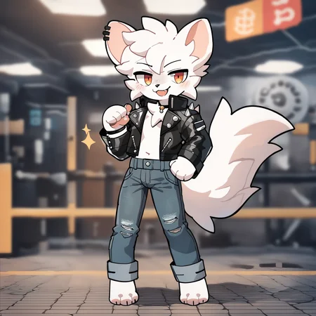 <lora:BoykisserSDXL-V2:0.95>, score_9,score_8_up,score_7_up,score_6_up,score_5_up,score_4_up, solo anthro furry, boykisserfur, male, white fur, white ears, smug, leather jacket, skinny jeans, full body, black nose, clean art, (feminine:1.3), dynamic pose,
break
<lora:add_detail:1>