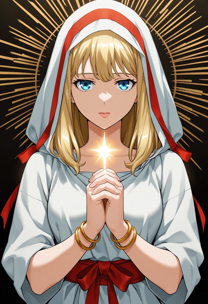score_9,score_8_up,score_7_up,source_anime,5_figner,2d_animation,game cg,BREAK,1girl,solo,Meisia,lips,blue eyes,blonde hair,bangs,
hood,bracelet,dress,red ribbon,
medium breasts,
front view,cowboyshot,looking at viewer,
close eyes,praying hands,light descending,enveloping,sacred,
black background,
masterpiece,best qualit,ultra-detailed,illustration,an extremely delicate and beautiful,beautiful detailed eyes,unity 8k wallpaper,high resolution,anime CG,official_art,