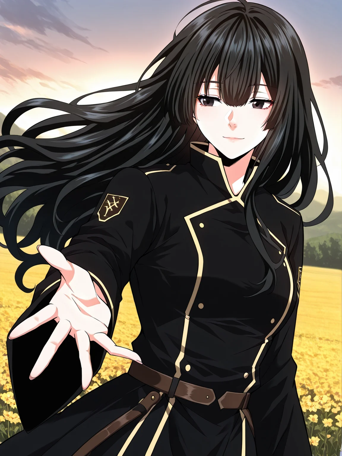 <lora:Kathyln_Glayder__The_Beginning_After_the_End__Illustrious-000009:1>
1 girl, solo, black eyes, brwon eyes, very long hair, black hair, bangs, wavy hair, ahoge, hair between eyes, black uniform, long skirt, black thighhighs, balck footwear, sidelocks, long sleeves, belt, frills
score_9, score_8_up, score_7_up, very aesthetic, source_anime, detailed, high quality, beautiful, masterpiece, detailed eyes, field, blurry background, pose dynamic angle, upper body, cowboy shot, light smile, looking back, reaching out, floating hair, <lora:iLLMythG0thicL1nes:1>