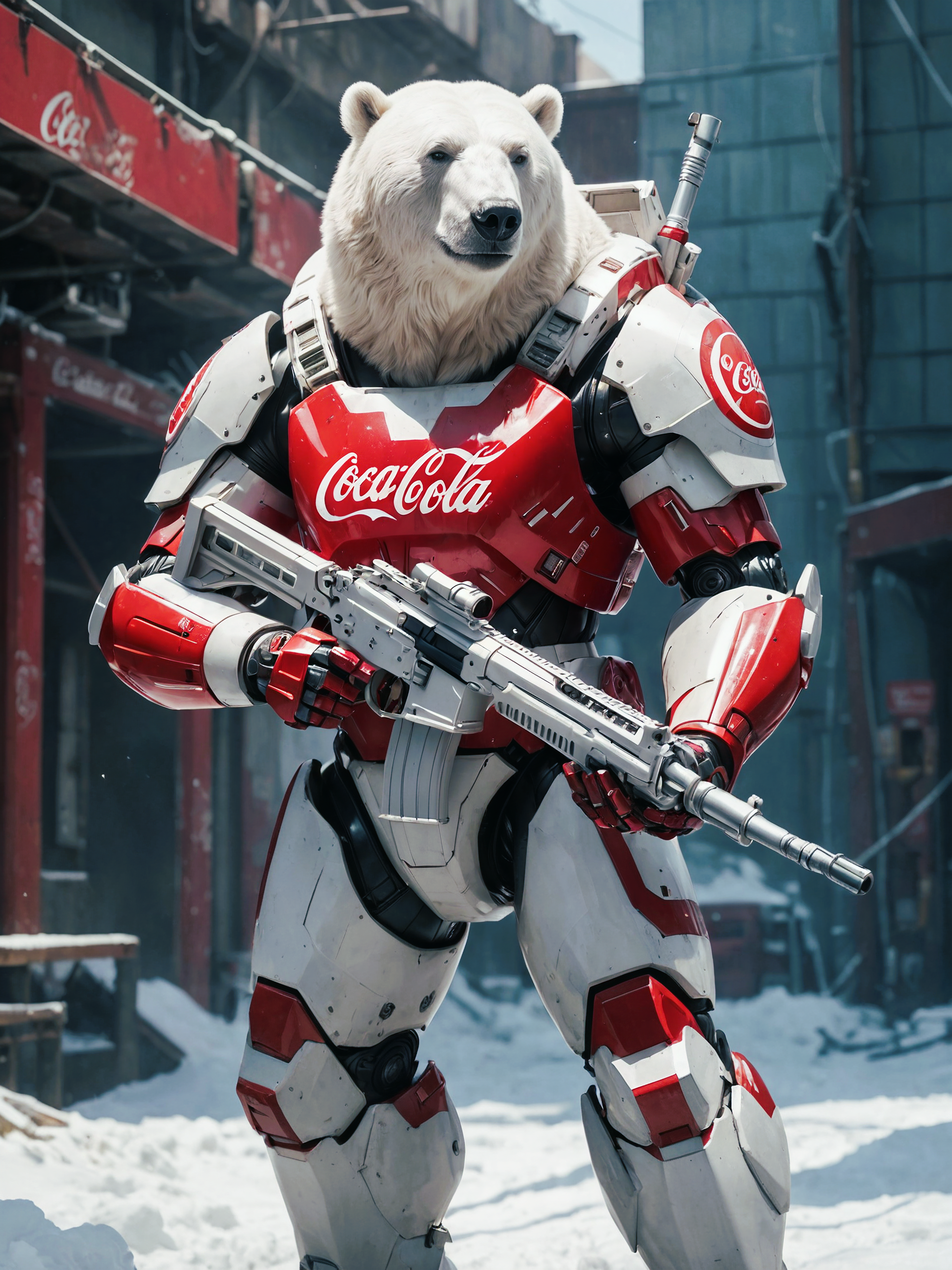 portrait, surrealistic, (bokeh:1.1), dof, awe-inspiring, majestic, overwhelming, humanoid polar-bear wearing (red coca-cola-military:1.1) metal sci-fi bulky (mecha armour:1.3) and sunglasses with (red beret:1.05) is holding a big (white rifle:1.35), harsh shadows, (sun rays:1.1)