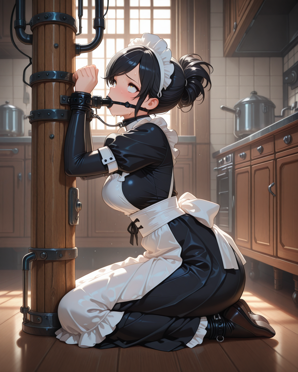 masterpiece,best quality,higres illustration,detailed face,1girl,from side,full body,seiza,<lora:bdsmtech_IL:1>,bdsm,machine,sitting,on side,sweat,rolling eyes,maid,black hair,swept bangs,wooden pillar,kitchen,