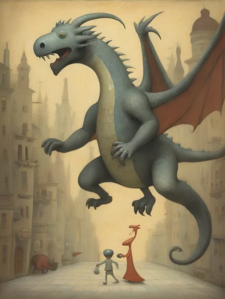 <lora:Shaun Tan Style:1>Shaun Tan Style - dances with dragons, by shaun tan in the style of dixit