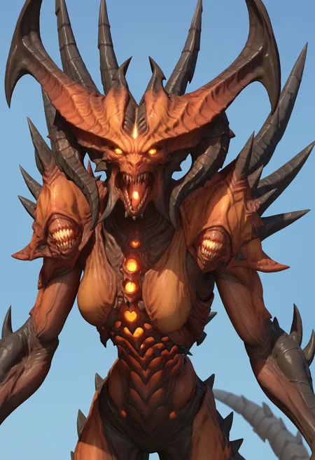 score_9, score_8_up, score_7_up, score_6_up, score_5_up, score_4_up, 1girl, <lora:DiabloD3:0.75> solo, large breasts, monster, horns, claws, tail, teeth, sharp teeth, spikes, yellow eyes, glowing, glowing eyes, upper body, open mouth, looking at viewer,
light blue background, simple background,