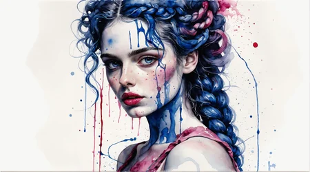 [cleavage, abdomen:Anna_Keye:0.5], ([torso::0.2]:1.15), three quarter turned side-pose (white canvas watercolor, adult woman unfinished watercolor style of agnes cecile:1.05), (medium length, messy curly hair, double dutch braid:1), intricate mystical dreamlike melancholic maiden cobalt blue, hot magenta, vibrant, paint drips down, intense stare at viewer, parted lips, ribcage, [:strawberry red lips:0.5], lazyreal