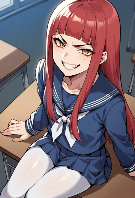 score_9, score_8_up, score_7_up, source_anime BREAK 1girl, solo,  <lora:zs_SahoriXL_1:1> sahorismtv, long hair, blunt bangs, red hair, blue serafuku, long sleeves, blue skirt, white pantyhose, night, school classroom, evil grin, looking at viewer, from above, sitting on desk