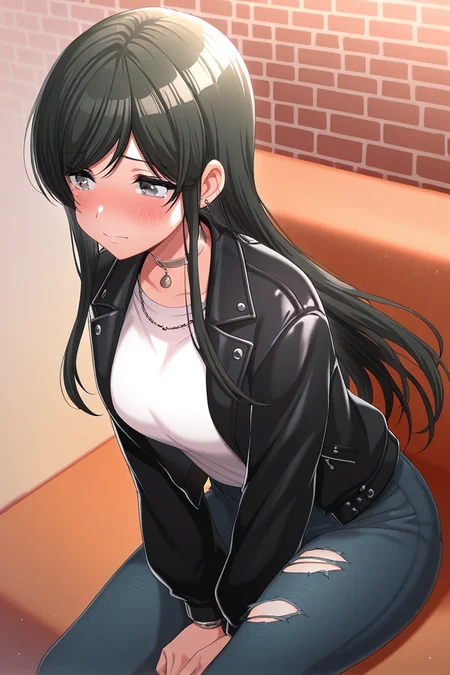 masterpiece, best quality, amazing quality,
 <lora:Tsubaki_IL:1> tsubaki, 1girl, solo, long hair, jacket, torn pants, black hair, black jacket, pants, blush, shirt, choker, torn clothes, sitting, white shirt, open jacket, jeans, jewelry, casual1