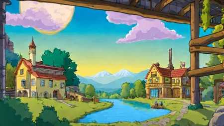 The enchanted landscape of the town of Springfield, simpstyle <lora:SDXL-simpstyle-Lora:1>, Very detailed, clean, high quality, sharp image