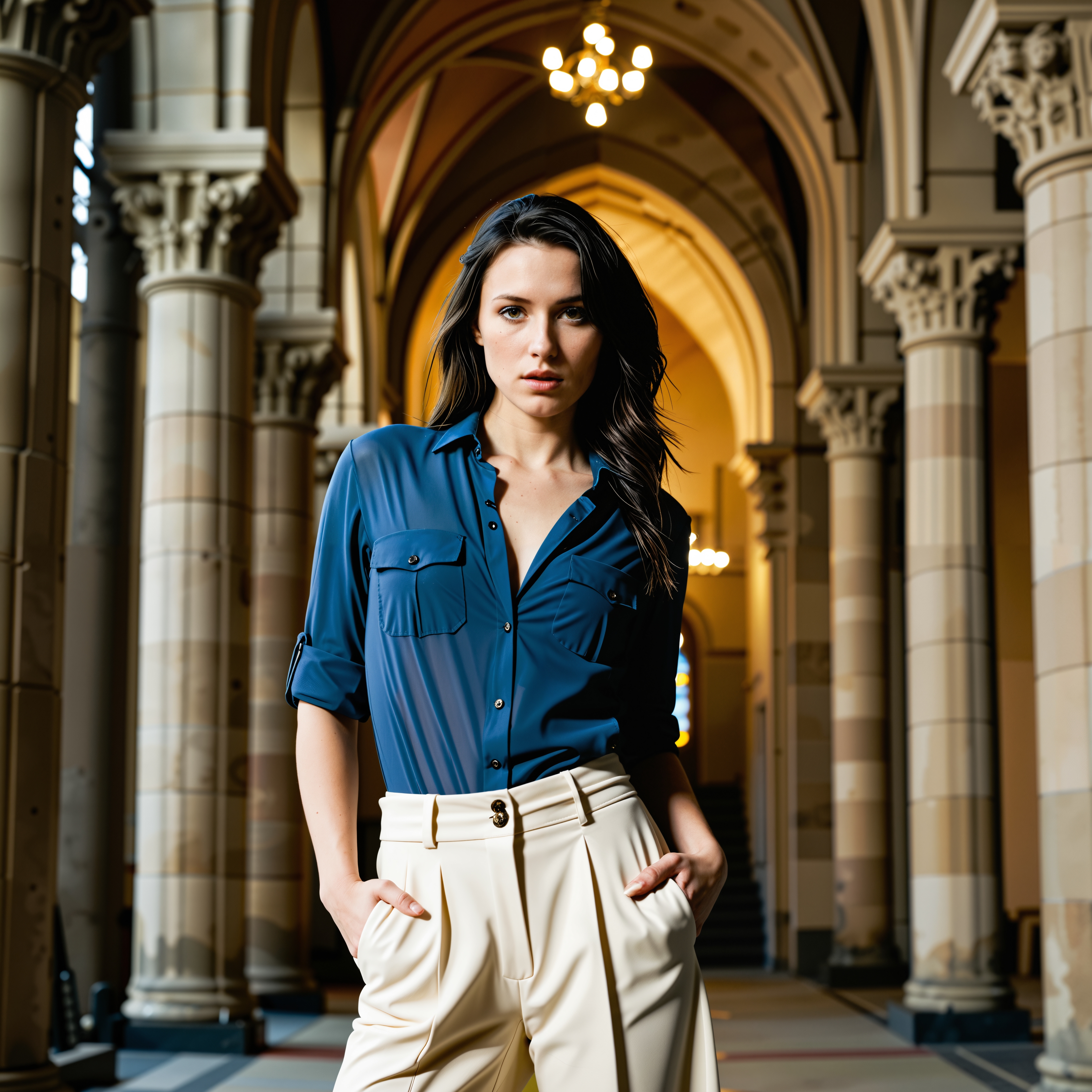 Rebecca Raven, RAW full body analogue photo of a beautiful 25 years old woman with dark hair, clear focus, high resolution image, <lora:Rebecca_Raven_SDXL:1.0>,perfect face, sexy pose, wearing a chic button-up shirt paired with flowy culottes, matched with comfortable slip-on sneakers for a relaxed vibe, perfect eyes, detailed eyes, detailed iris, realistic skin, absolute perfect tits, soft tits, natural tits, ,high quality, film grain, Fujifilm XT3, 8k uhd, dslr, film grain, kodak tri-x 400 film, grain photo DOF, faint lighting, dynamic angle, cinematic, Depth of field, bokeh, best quality, cinematic, light particles, highly_detailed, very_aesthetic, golden hour, beautiful_and_aesthetic ,Sexy pose, erotic pose, exhibitionism ,Gothic cathedral