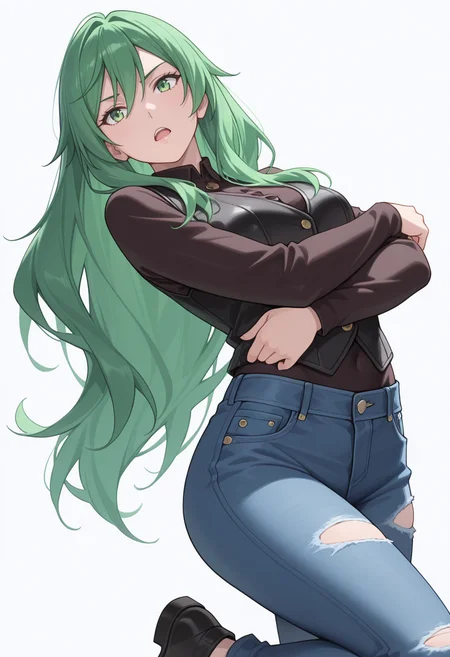 Smooth Quality,masterpiece,very intricate, high quality details, ultra realistic, high detailed skin,detailed enviorement,absurdres,
simple background, white background, 
dynamic angle,dynamic pose, arms crossed, one leg bent, confident stance, slight head tilt, relaxed hands,  ,open mouth,
unitard,  ,vest, ,ripped jeans, ,
 <lora:Misery_cnn:0.8> 1girl, green hair, green eyes, hair between eyes, frown, very long hair, sidelocks,