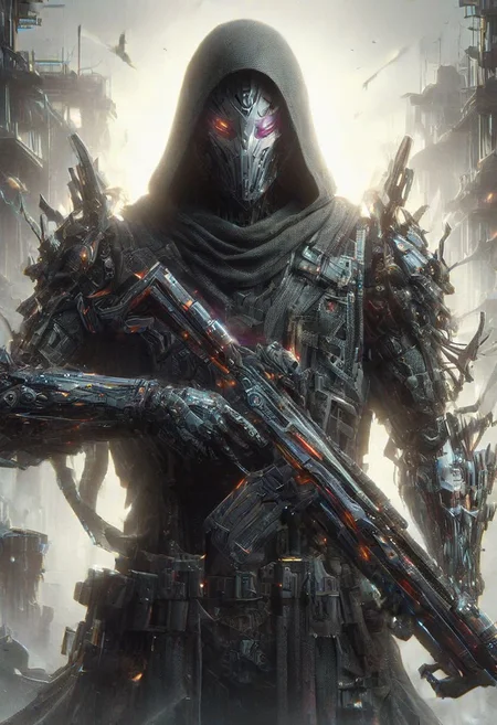 (((Ultra-detailed, Hyper-realistic, 8k, highres, masterpiece))),(full length highly detailed intricate cyborg demonic-skeletal) (tattered cloak),((highly detailed tech body,decaying parts, Intricate exposed wiring, exposed wires,exposed circuitry,electric glow)),((highly detailed cyber-skeletal head,signs of decay,exposed wiring, exposed wires,exposed circuitry,electric glowing eyes)),in a highly detailed Labratory background with Test tubes,holographic screens,covered in pulsing electricity,cyber setting,cinematic,realistic,science fiction,dark colours,background light,e,<lora:XL_Weapon_Sword_-_By_HailoKnight_2:0.8>,Wielding sword,<lora:add-detail-xl:1>,<lora:ArmorSuit_v01:0.8>, armorsuit,