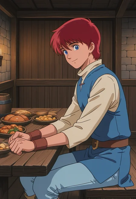 1boy, solo, adolysiova, red hair, short hair, blue eyes, shirt, long sleeves, high collar, tunic, belt, pants, wristbands, indoors, tavern, sitting, table, food, from side, looking at viewer, smile,