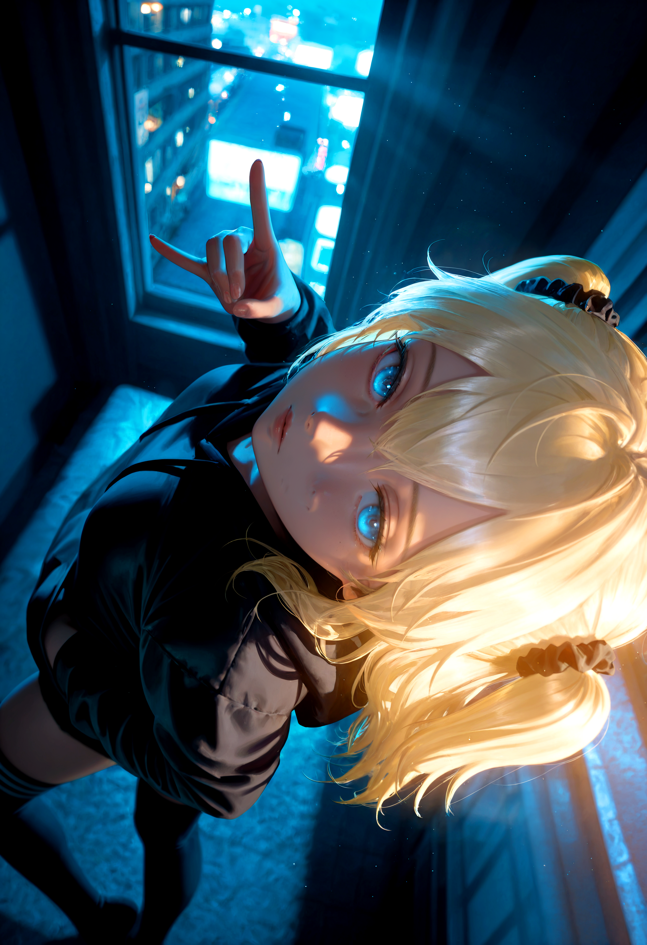 HDR, 8K, high contrast, masterpiece, best quality, amazing quality, very aesthetic, superabsurd res, high resolution, ultra-detailed, absurdres, newest, scenery, (horikoshi kouhei:0.3), (quasarcake:0.3), (wlop:0.3), light rays, chiaroscuro, dynamic angle, face focus, straight on, from above, close up, tm_emily, blue eyes, blonde hair, petite, two side up, scrunchie, black hoodie, black striped thigh high socks, looking at viewer, sleepy, bedroom eyes, \m/, one hand in pocket, leaning back, bedroom, messy, dimly lit, window, night, glowing, cyberpunk, partially illuminated, (backlighting), Intricately designed, Mysterious Shadows, BREAK, photorealistic, beautiful detailed eyes, detailed skin, detailed hair, volumetric lighting, dappled light, light particles, dramatic shadows, cinematic lighting, photo background, depth of field, <lora:ponyxl\cfg_scale_boost:0.8> <lora:IL\KMS_TM_Emily_IL-000003:0.8>