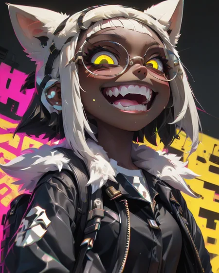 <lora:Punk_Anime_XL:1>,
smile, mole, black jacket, heterochromia, tinted eyewear, half-closed eyes, ear piercing, o-ring, fur trim, glowing, glowing eyes, shirt, backpack, pointy ears, white shirt, skirt, black serafuku, yellow background, bangs, dark skin