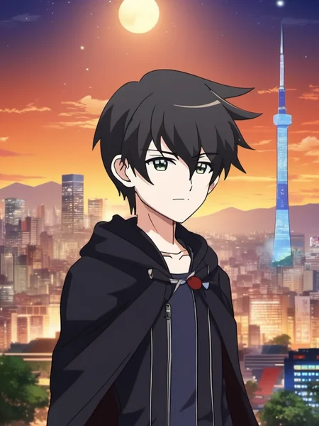 anime artwork <lora:Choi_Kang-rim_v1.18:0.8>, a young boy Choi Kang-rim black short hair and detailed green eyes with black pupil wearing a cape, black short hair, black cloak from neck to ankle, 8k, uhd, (masterpiece, best quality, ultra-detailed, best shadow), symbol-shaped_pupils, 12 years old, complex background, (epic background:1.4), (detailed background), glowing seoul night background, looking at the camera, warm friendly expression . anime style, key visual, vibrant, studio anime, highly detailed