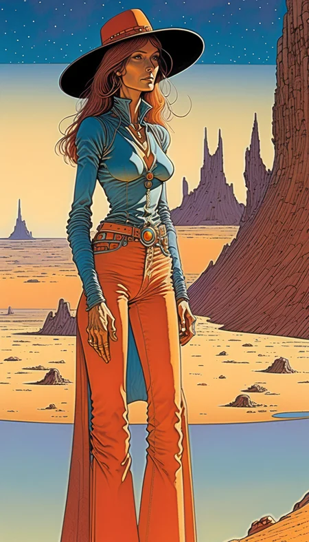 positiv Clip L: Moebius (Jean Giraud) Style page, an award-winning, of a bautiful woman, positiv Clip G: Moebius (Jean Giraud) Style page, an award-winning, of a skinny Gothic woman, sunset in the background,