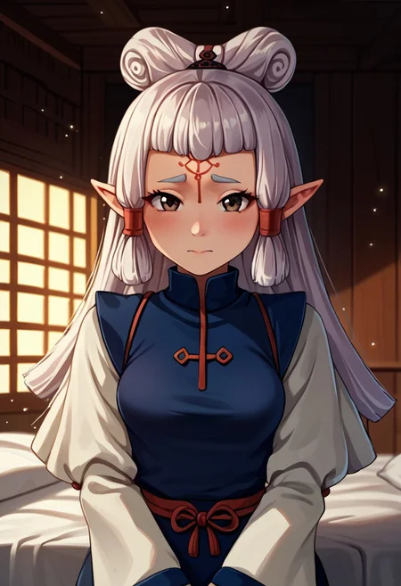 score_9, score_8_up, score_7_up, score_6_up, score_5_up, score_4_up, source_anime, , (best quality) , (highly detailed) , (best quality) , (highly detailed) ,((masterpiece)), ((best quality)), (ultra-detailed), ((extremely detailed)), (high resolution), 4K, (8K), best quality, (beautiful), (dynamic lighting), (super detailed skin), sharp focus, (1_girl, solo focus), masterpiece ,absurdres ,detailed face ,beautiful face , bowpaya, paya, elf ears, pointy ears, White hair, pointy ears, brown eyes, forehead mark
light rays, (light particles),
chinese clothes, turtleneck, long sleeves, wide sleeves,, indoors, sitting, bed, bed room, blush, drunk, looking at viewer, solo, cowboy shot, dutch angle
(portrait, upper body), OverallDetail,