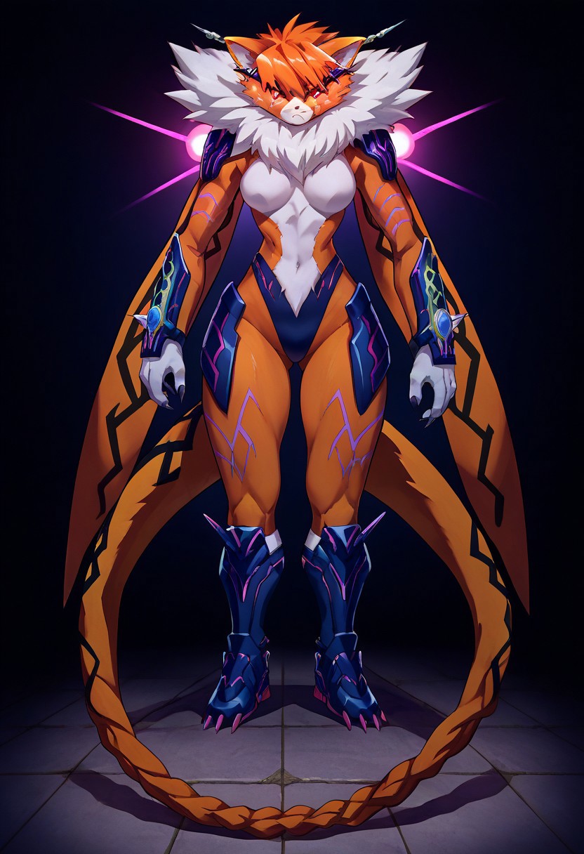 score_9, score_8_up, score_7_up, source_anime, solo, 1girl, Meicrackmon_(Vicious Mode, orange fur, orange hair, white fur, red eyes with white "X"-shaped pupils, orange scarf-like appendages, braided tail and stinger at end of tail, black armor like pads on shoulders, thighs, hands, and feet, armor has purple neon-like lights, and it also has light purple neon-like lights on forearms and thighs, full body