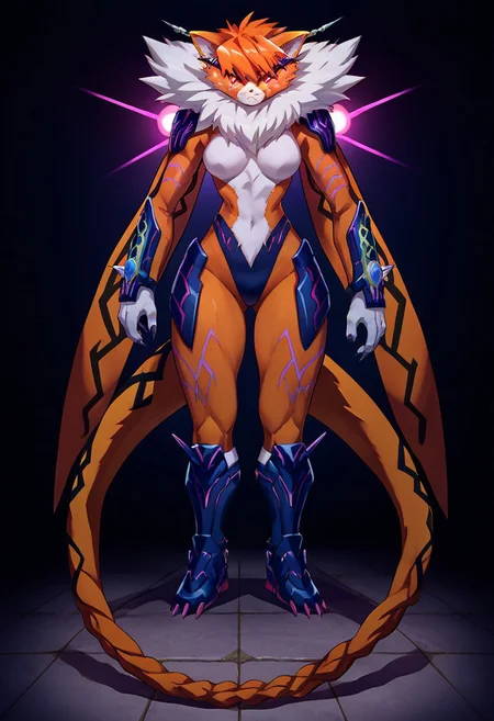 score_9, score_8_up, score_7_up, source_anime, solo, 1girl, Meicrackmon_(Vicious Mode, orange fur, orange hair, white fur, red eyes with white "X"-shaped pupils, orange scarf-like appendages, braided tail and stinger at end of tail, black armor like pads on shoulders, thighs, hands, and feet, armor has purple neon-like lights, and it also has light purple neon-like lights on forearms and thighs, full body