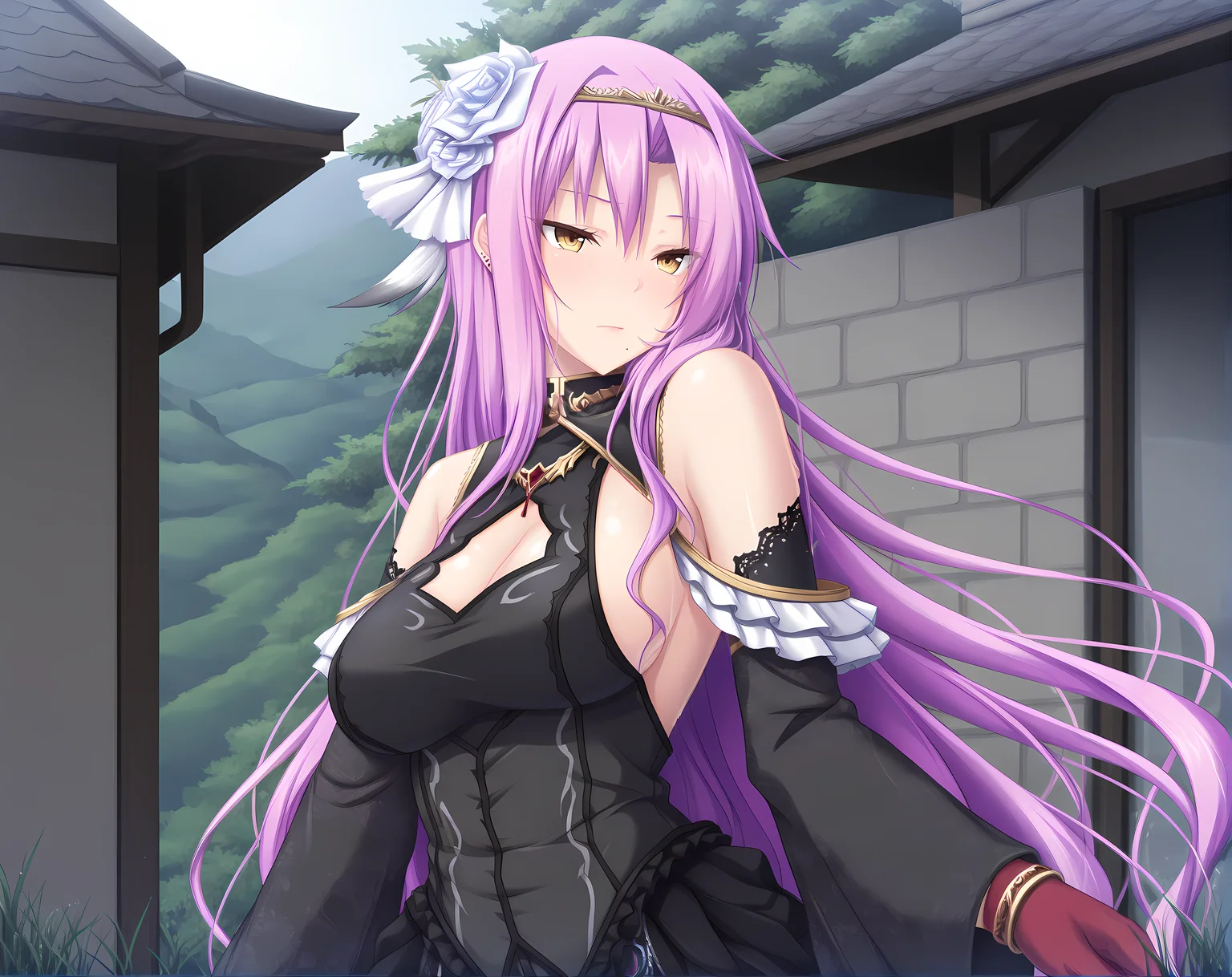 <lora:Feruano:1>,feruano,purple hair,hair between eyes,very long hair,yellow eyes,base outfit,diadem,solo,outdoors,, masterpiece,best quality,amazing quality, very aesthetic, absurdres,detailed eyes,ultra-detailed,