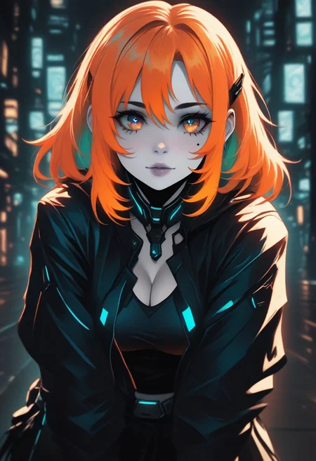 1girl, dual tone orange hair, CatGirlNeonStyle, pale skin, CatGirlStyle, Smooth Quality, dual tone coloring, adult, cybernetic enhancements, noir, !!!