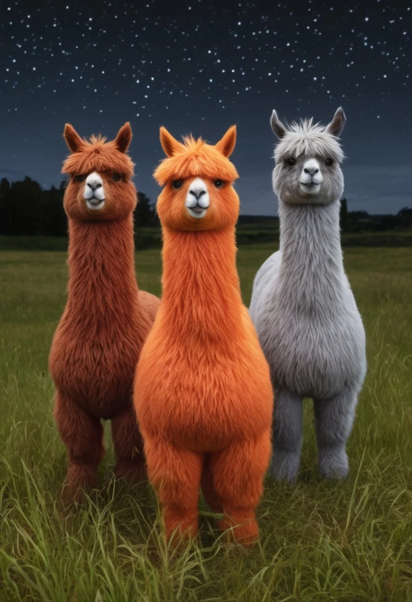 fugglers, A medium-close-up view of three different colored alpacas standing in a grassy field at night. They have long hair and look very fluffy. Midnight, stars shine a soft light, they look a bit creepy but also cute, dark horror background, CreeepyCuteMagic, ppstorybook, blood orange style