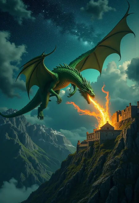 A colossal dragon with shimmering, emerald-green scales soars above a rugged mountain range, exhaling a torrent of fiery breath that illuminates the dark sky. Beneath, an ancient, weather-beaten castle perches precariously on a cliff, while a tempestuous, star-studded sky looms ominously overhead.