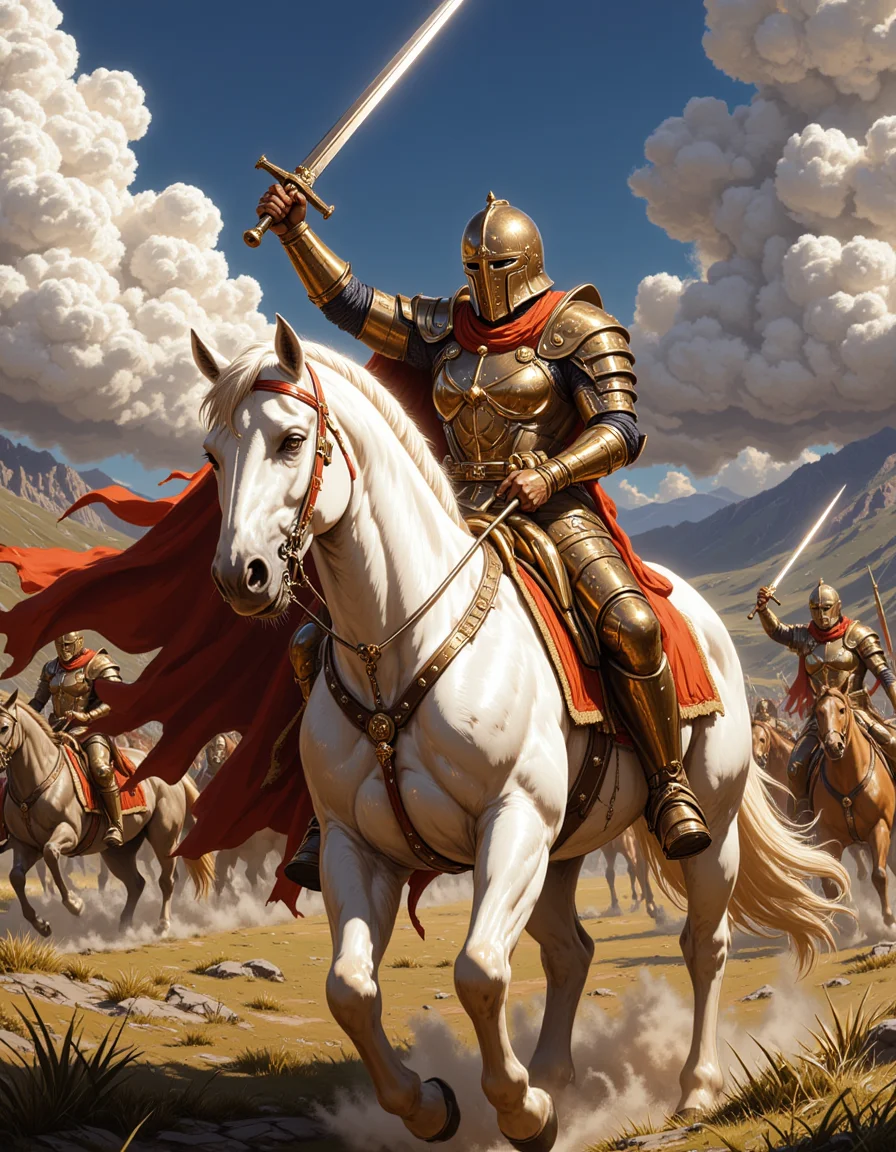 Very beautiful female knight on a beautiful white horse, Raise her sword above her head to encourage allies., painted by colorful India ink, hyperrealism, photorealistic, 8k, unreal engine<lora:ani10:1.2> <lora:s:0.55> bo-exposure <lora:flux.1_lora_flyway_Epic-Characters_v1:1>