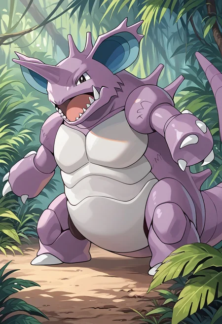 (source_anime, score_9, score_8_up, score_7_up:1), solo male, nidoking, feral, open mouth, looking at viewer, outdoors, jungle